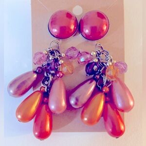 Vintage 80s Faux pearl teardrops, faceted crystals Mauve, peach, orange earrings